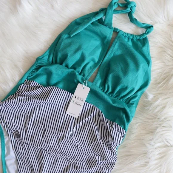 Cupshe Teal and Black Striped One Piece Swimsuit - Picture 4 of 9